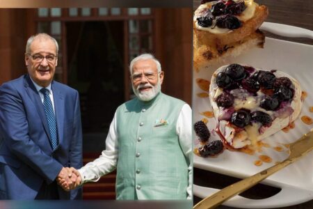 করমর্দন করছেন গি পারমেলিন ও নরেন্দ্র মোদি, ডানে বেরি দেওয়া চিজ